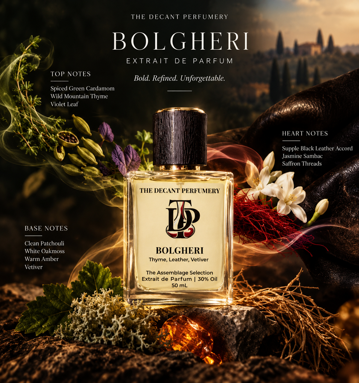 Bolgheri — Tuscan Black Leather, Spiced Cardamom & White Moss Extrait