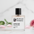 Perfume bottle labeled 'Chypre Rose' from The Decant Perfumery on a light background with flowers.