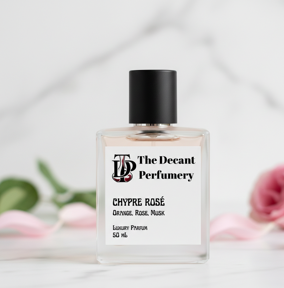 Perfume bottle labeled 'Chypre Rose' from The Decant Perfumery on a light background with flowers.
