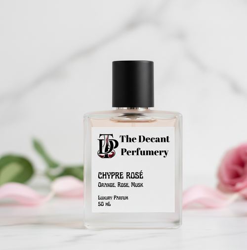 Perfume bottle labeled 'Chypre Rose' from The Decant Perfumery on a light background with flowers.