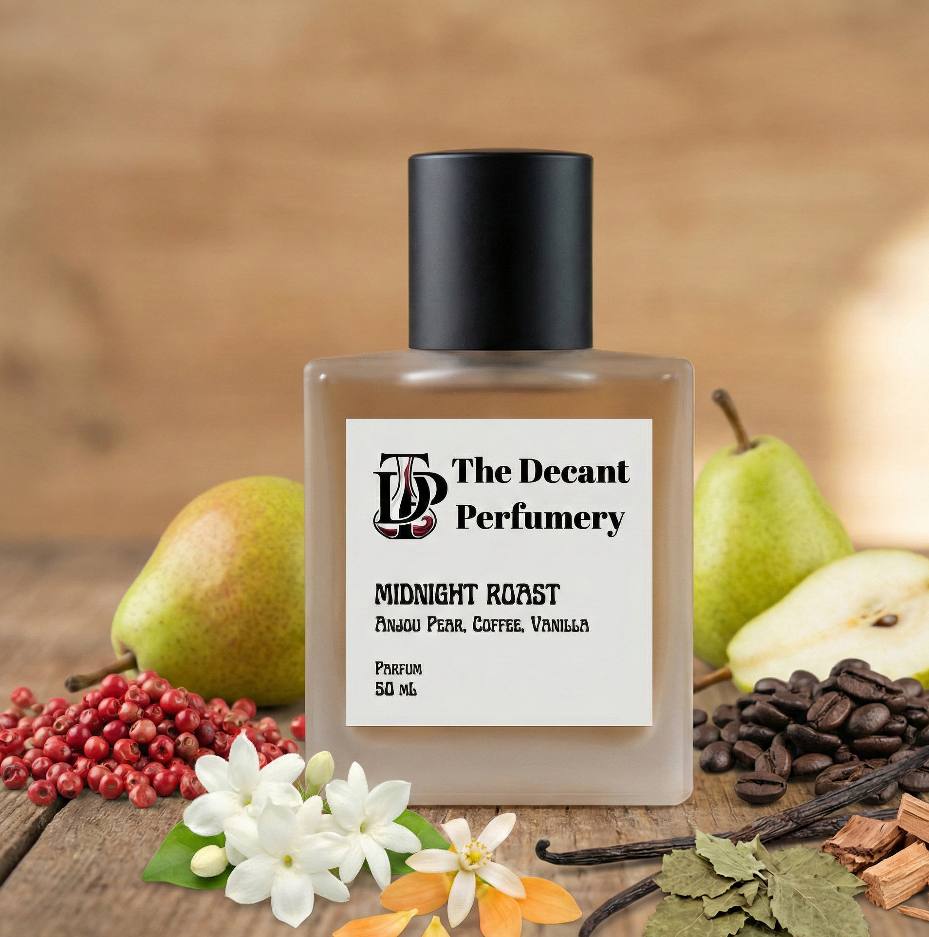 Perfume bottle labeled 'The Decant Perfumery' with pears, coffee beans, and vanilla on a wooden background