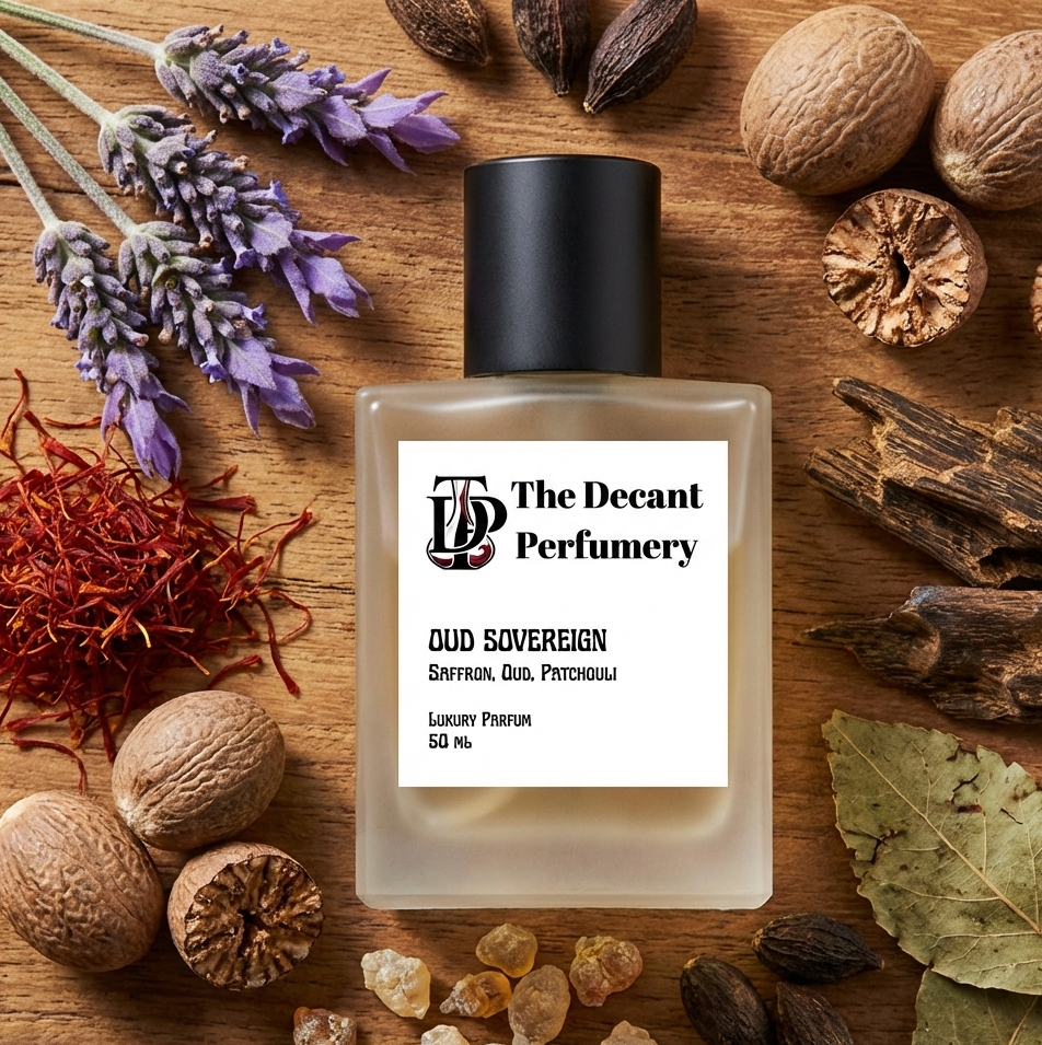 Perfume bottle labeled 'The Decant Perfumery' surrounded by dried herbs and spices on a wooden surface.
