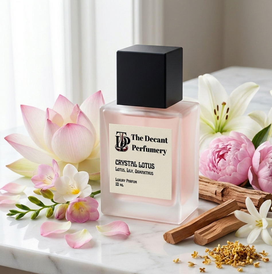 Perfume bottle labeled 'The Decant Perfumery Crystal Lotus' surrounded by flowers on a marble surface.