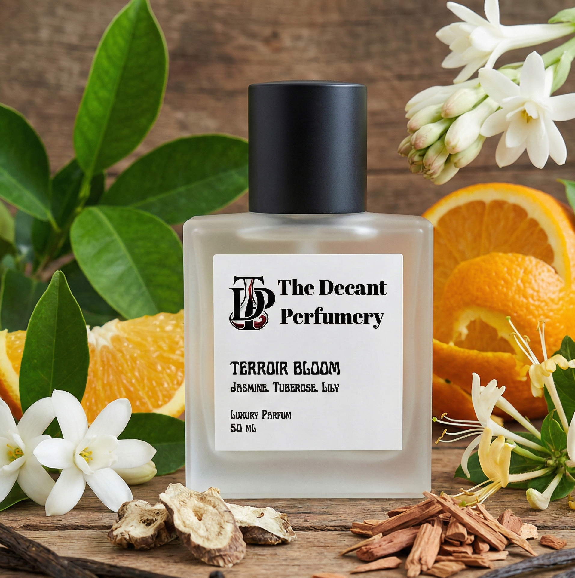 Perfume bottle labeled 'The Decant Perfumery' with oranges and flowers on a wooden background