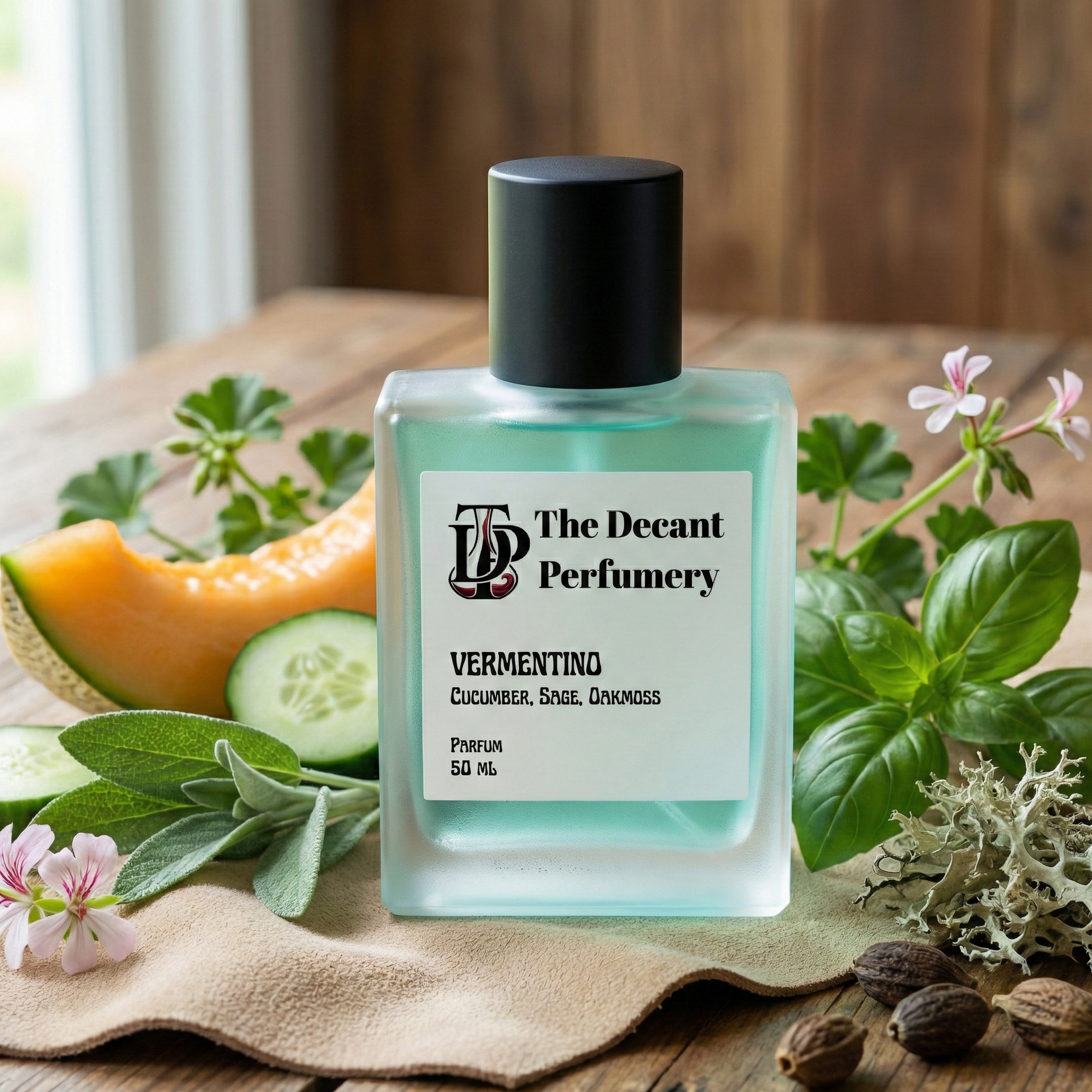 Perfume bottle labeled 'The Decant Perfumery' on a wooden surface with plants and flowers.