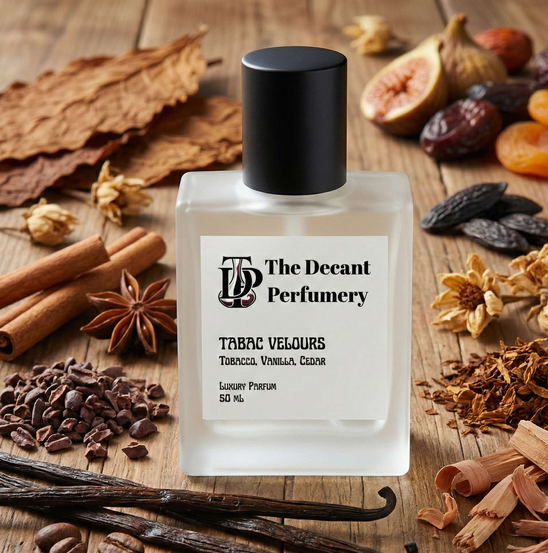 Perfume bottle labeled 'The Decant Perfumery' surrounded by spices and dried fruits on a wooden surface