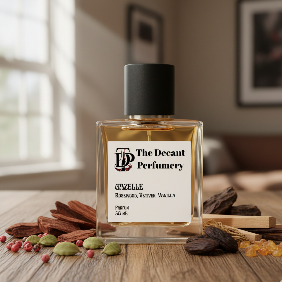 Perfume bottle labeled 'The Decant Perfumery' on a wooden surface with spices and wood sticks.