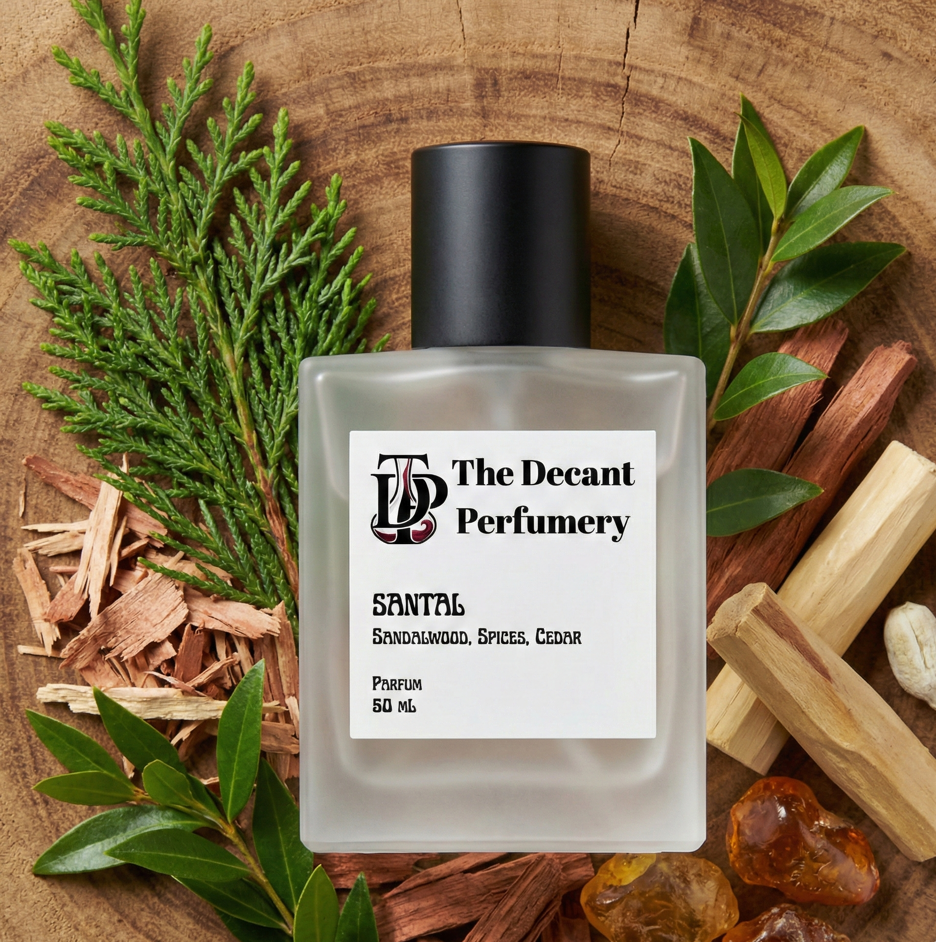 Perfume bottle labeled 'The Decant Perfumery' surrounded by natural elements on a wooden surface
