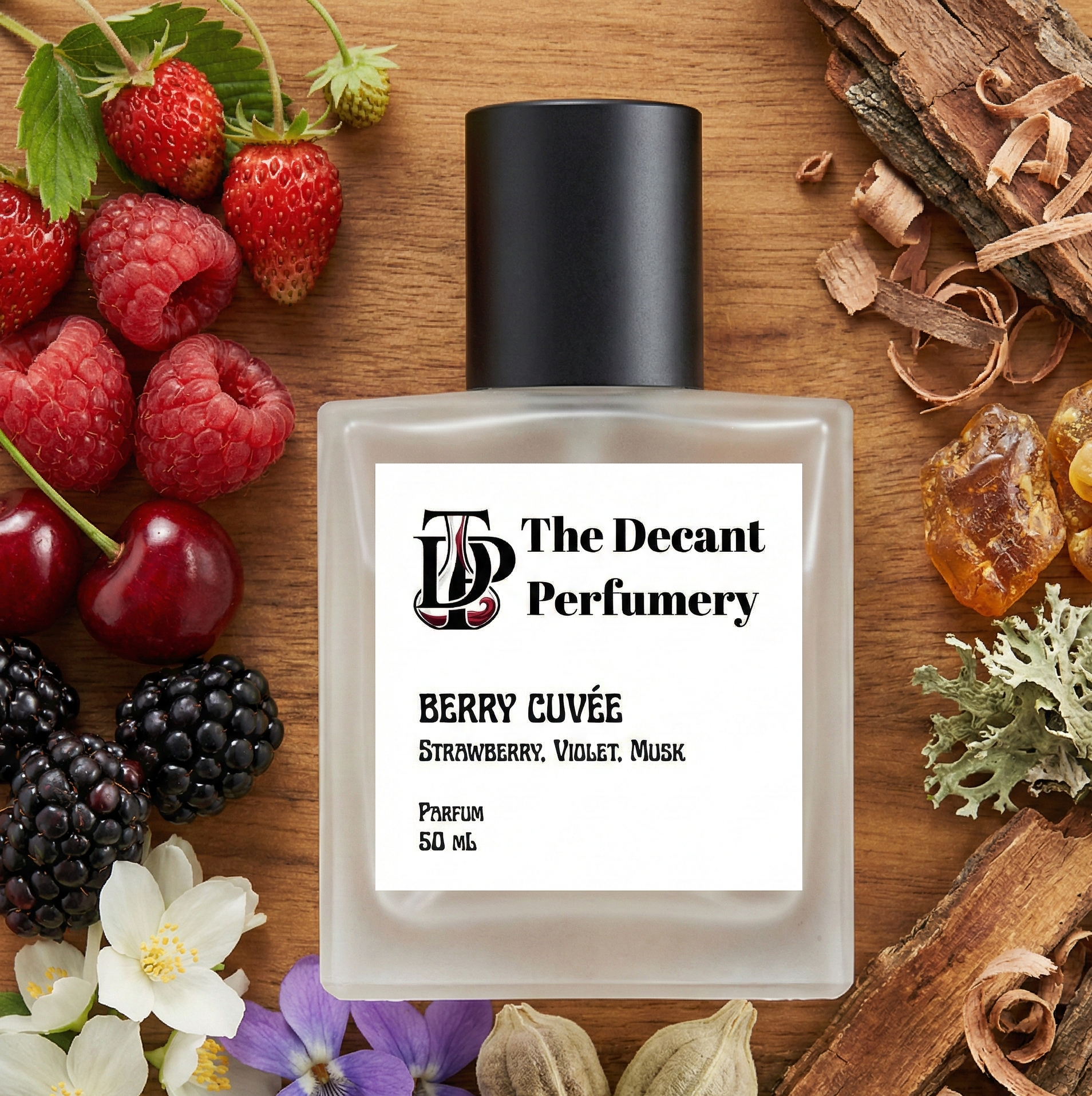 Perfume bottle labeled 'The Decant Perfumery' surrounded by berries, flowers, and herbs on a wooden surface.