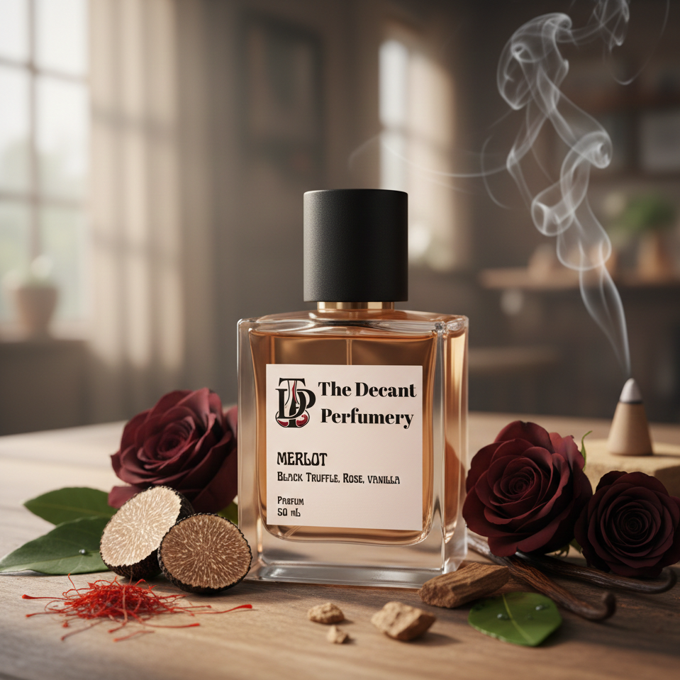 Decant Perfumery Merlot perfume bottle with roses and incense on a wooden table.