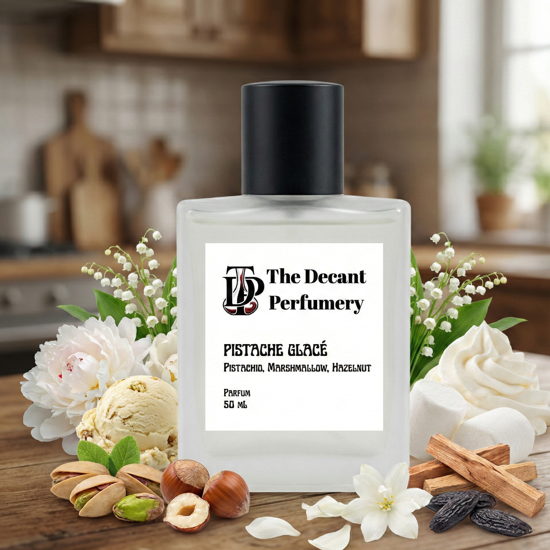 Perfume bottle labeled 'The Decant Perfumery' on a wooden surface with flowers and nuts.