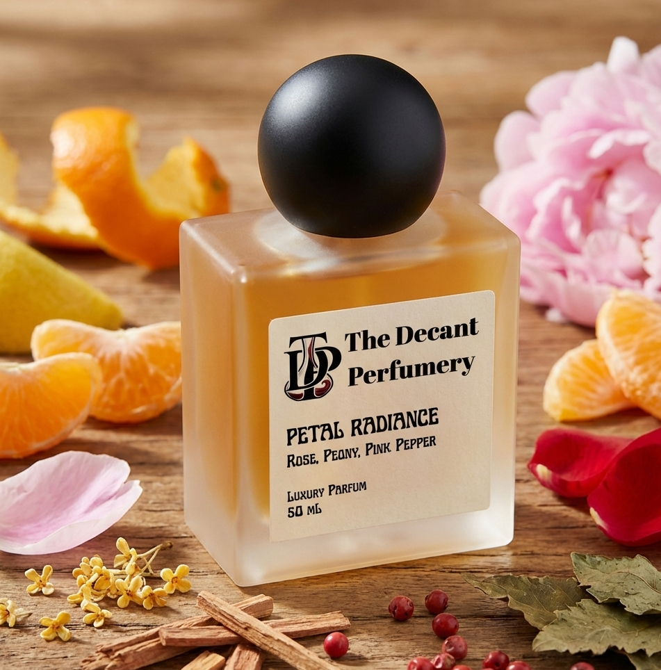 Perfume bottle labeled 'The Decant Perfumery' with floral and fruit elements on a wooden surface.