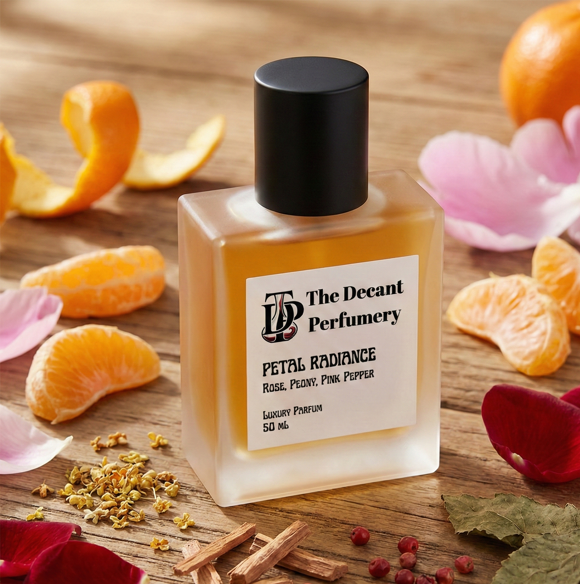 Perfume bottle labeled 'The Decant Perfumery' surrounded by orange slices, flowers, and spices on a wooden surface.