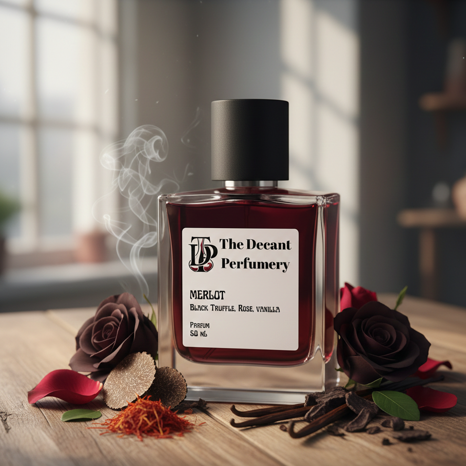 Perfume bottle labeled 'The Decant Perfumery' with flowers and spices on a wooden surface.