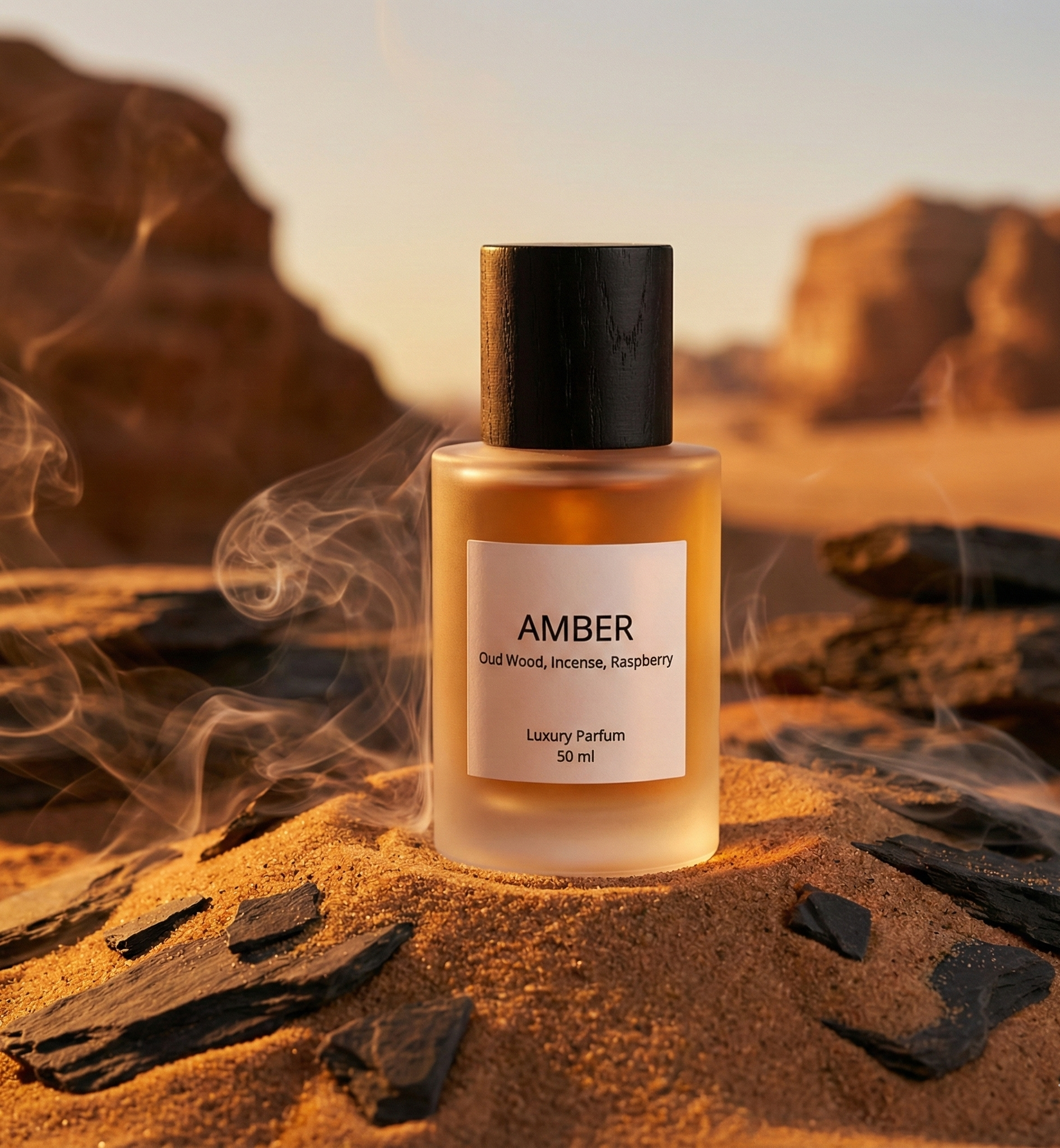 Perfume bottle labeled 'Amber' on a desert background with smoke effect