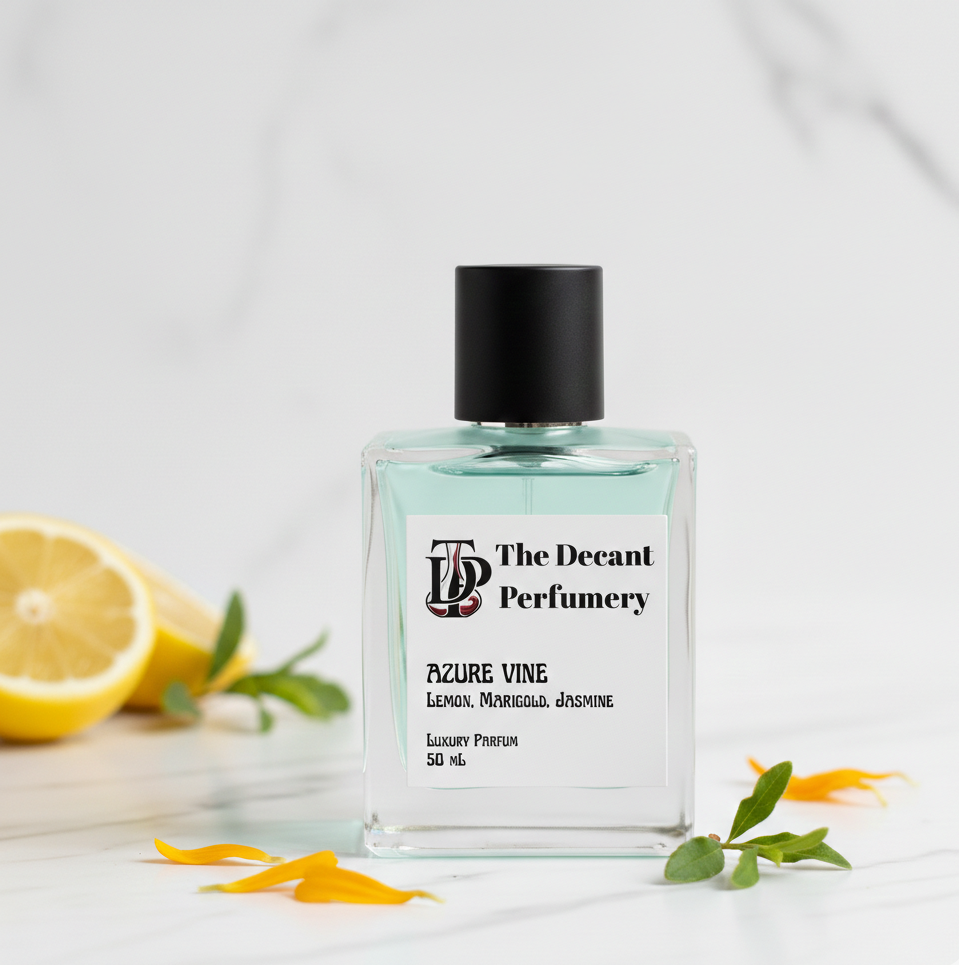 Perfume bottle labeled 'The Decant Perfumery' with a lemon and flowers on a light background