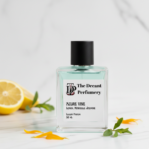 Perfume bottle labeled 'The Decant Perfumery' with a lemon and flowers on a light background