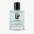 A 50 ml bottle of Albaríno perfume by The Decant Perfumery, featuring a clear glass bottle with a light blue liquid, a black cap, and a white label with black and red text.