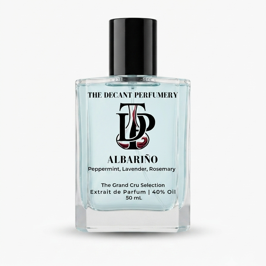A 50 ml bottle of Albaríno perfume by The Decant Perfumery, featuring a clear glass bottle with a light blue liquid, a black cap, and a white label with black and red text.