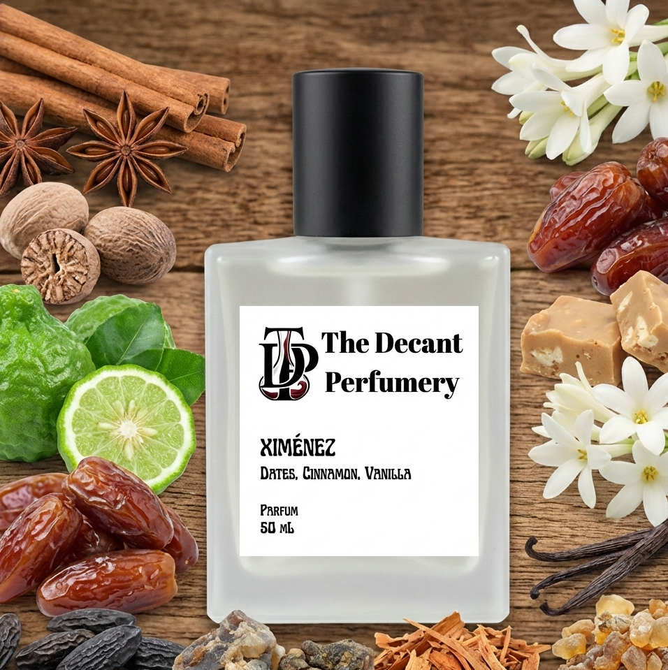 Perfume bottle labeled 'The Decant Perfumery' surrounded by spices and fruits on a wooden surface