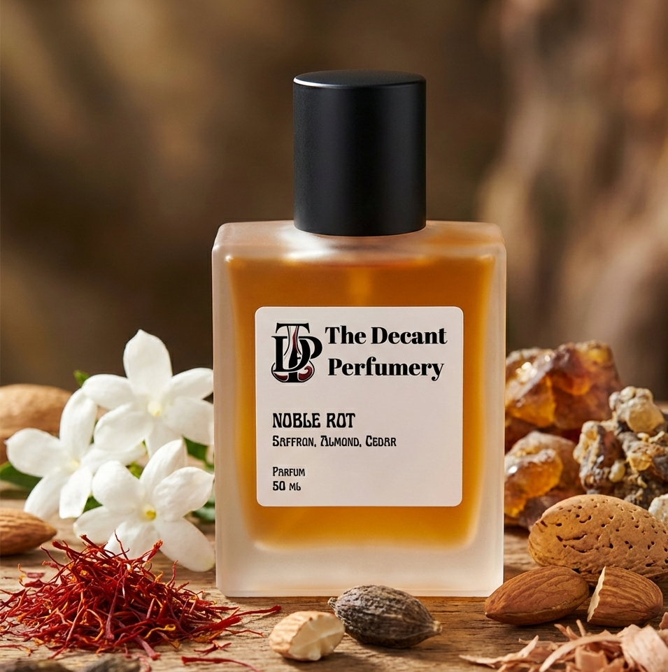 Perfume bottle labeled 'The Decant Perfumery' with saffron, almonds, and other ingredients on a wooden surface.