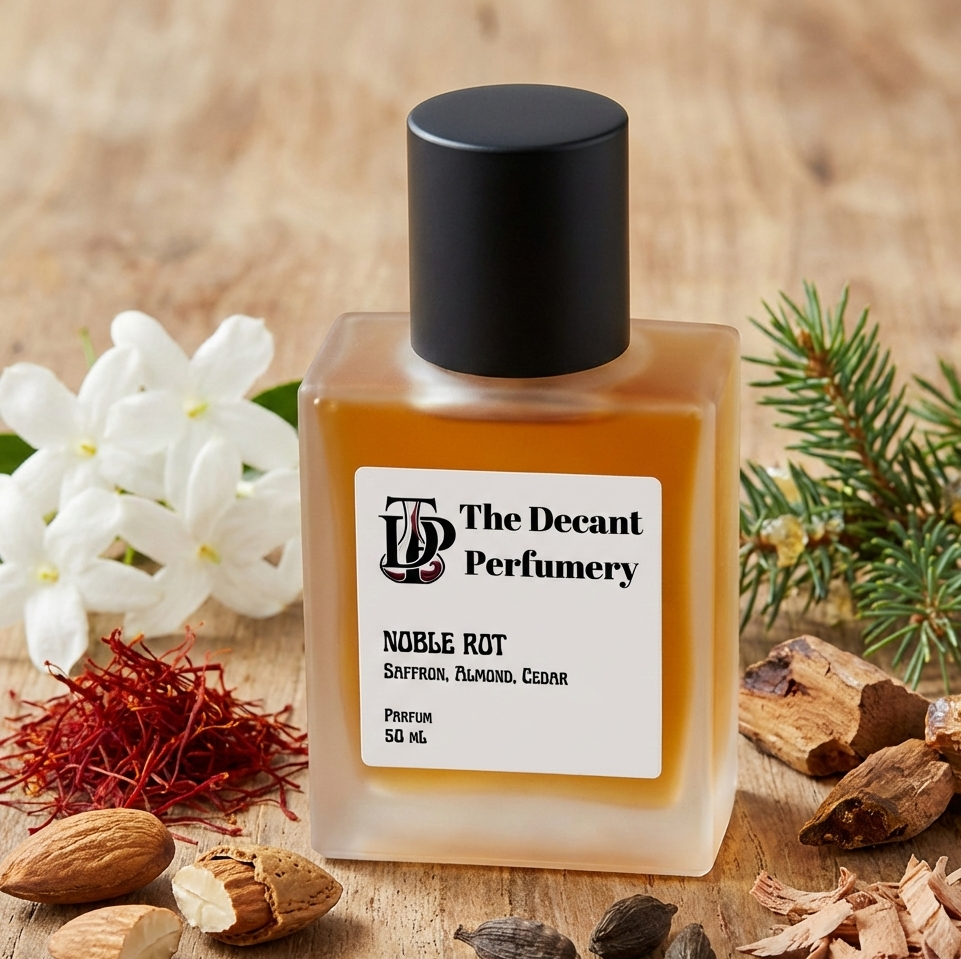 Perfume bottle labeled 'The Decant Perfumery' with botanical elements on a wooden background