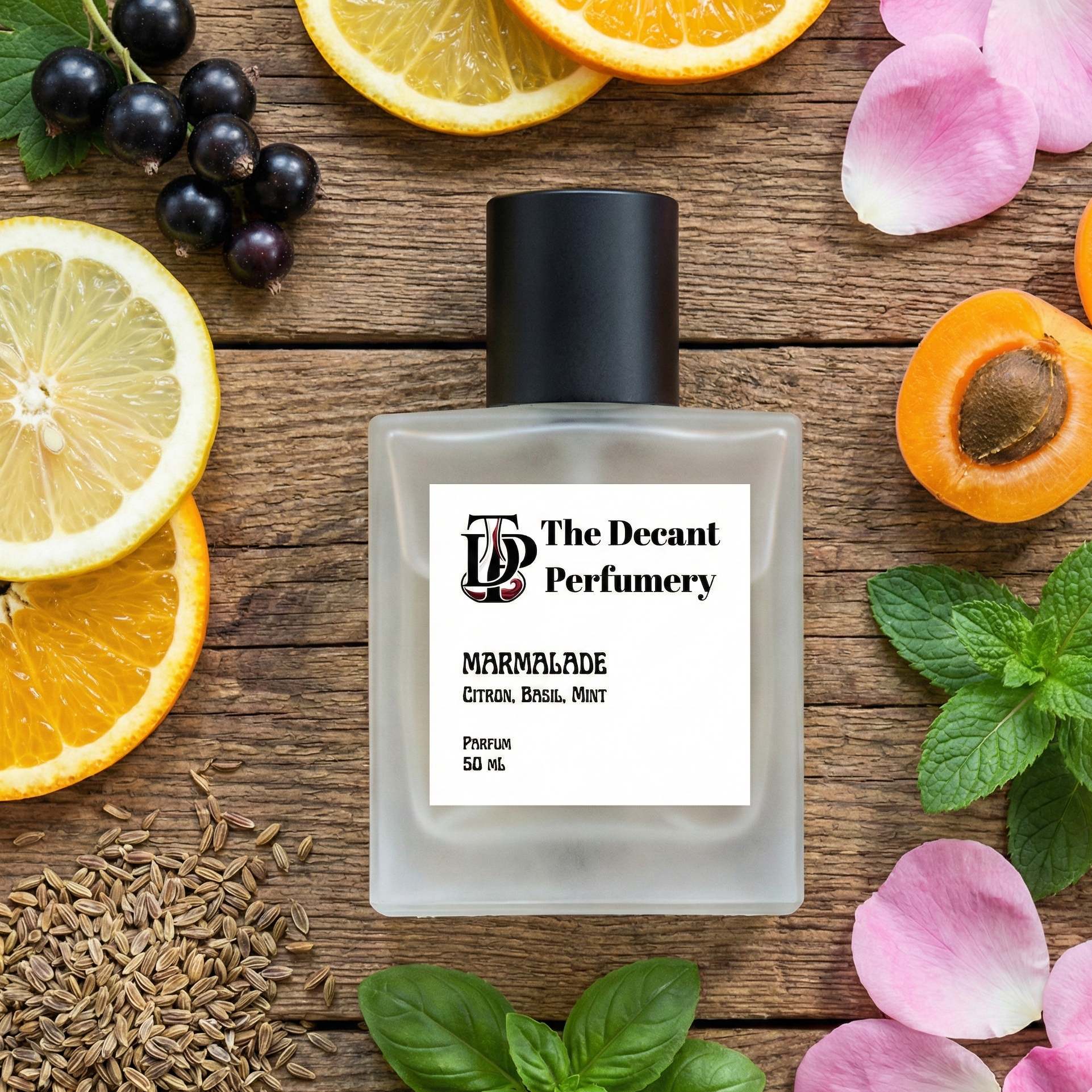 Perfume bottle labeled 'The Decant Perfumery' surrounded by fruits, flowers, and herbs on a wooden surface.