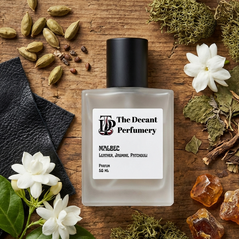 Perfume bottle labeled 'The Decant Perfumery' surrounded by flowers and herbs on a wooden surface