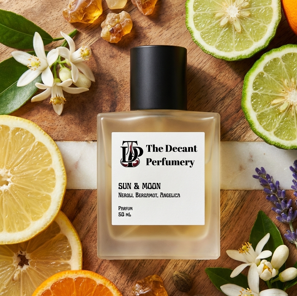 Perfume bottle with 'The Decant Perfumery' label surrounded by citrus fruits and flowers on a wooden surface.