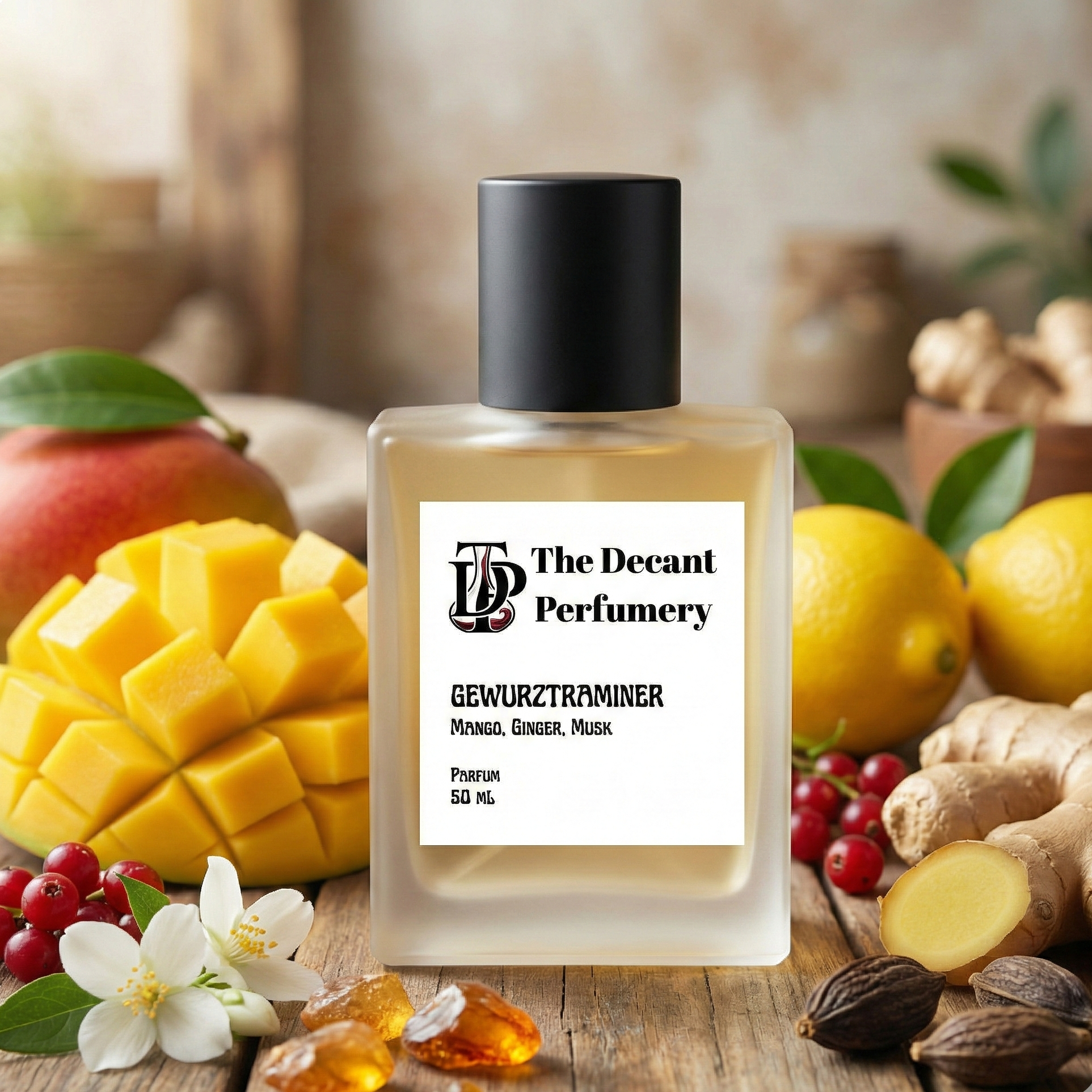 Perfume bottle labeled 'The Decant Perfumery' with fruits and spices on a wooden surface