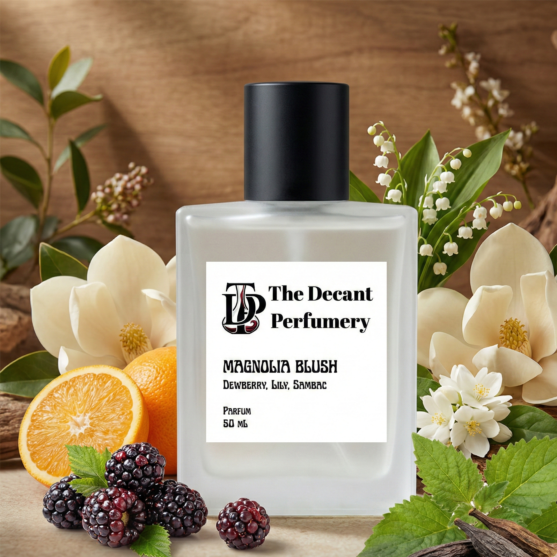 Perfume bottle labeled 'The Decant Perfumery' surrounded by flowers, fruits, and leaves on a wooden background