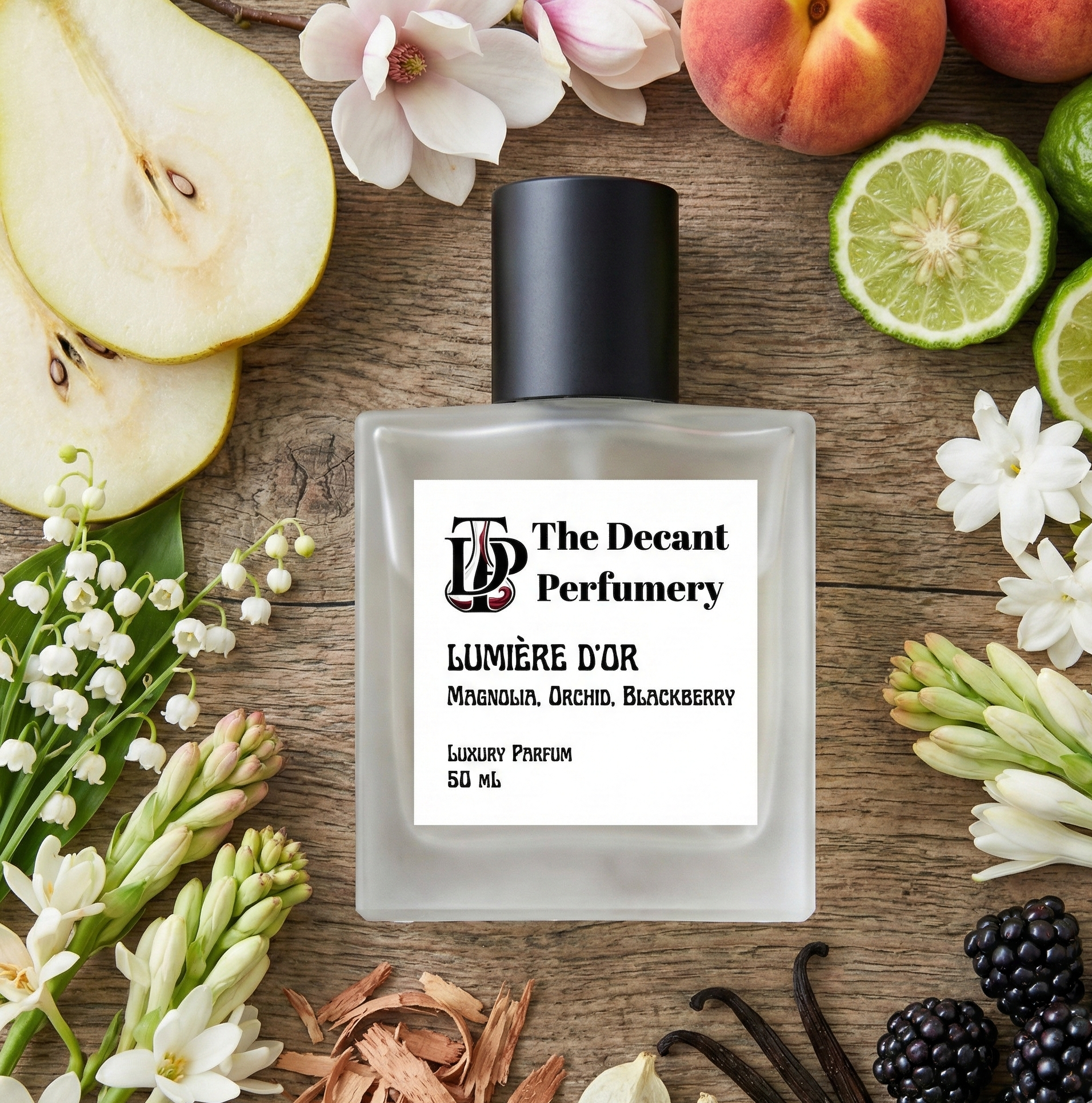 Perfume bottle labeled 'The Decant Perfumery' surrounded by fruits, flowers, and vanilla beans on a wooden surface.