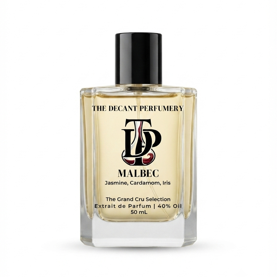A 50 mL bottle of Malbec Extrait de Parfum by The Decant Perfumery, featuring a clear glass bottle with a black cap and a beige label, set against a plain white background.