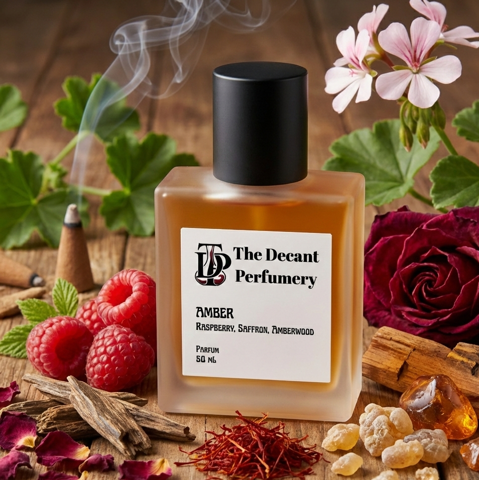 Perfume bottle labeled 'The Decant Perfumery' with flowers, berries, and spices on a wooden background