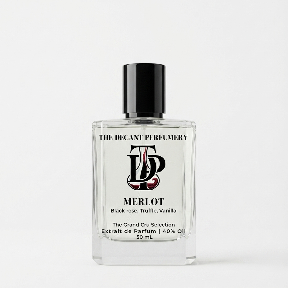 A 50ml clear glass perfume bottle with a black cap, featuring a white label for 'The Decant Perfumery' 'Merlot' fragrance, set against a plain light gray background.