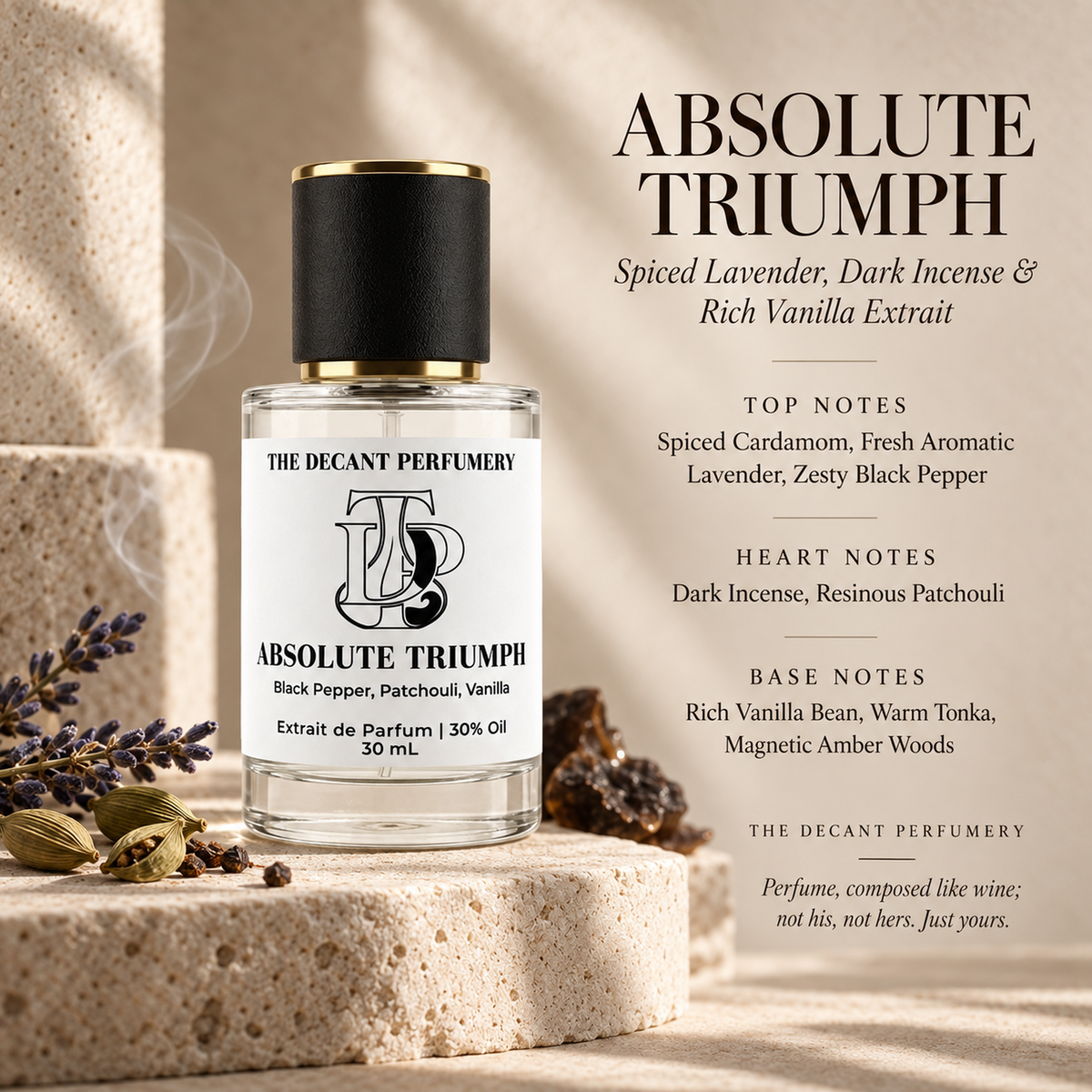 Absolute Triumph Extrait de Parfum bottle with top, heart and base notes