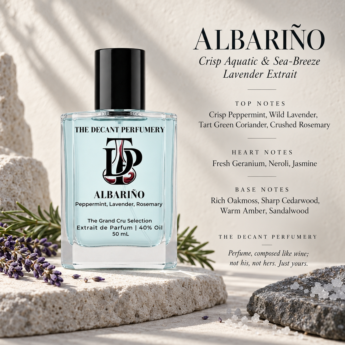 Albariño Extrait de Parfum bottle with top, heart and base notes