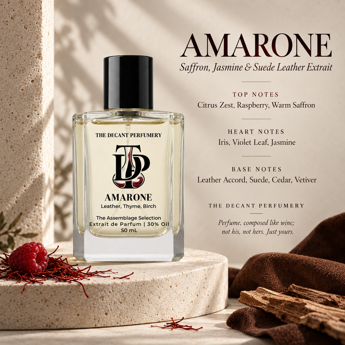 Amarone Extrait de Parfum bottle with top, heart and base notes