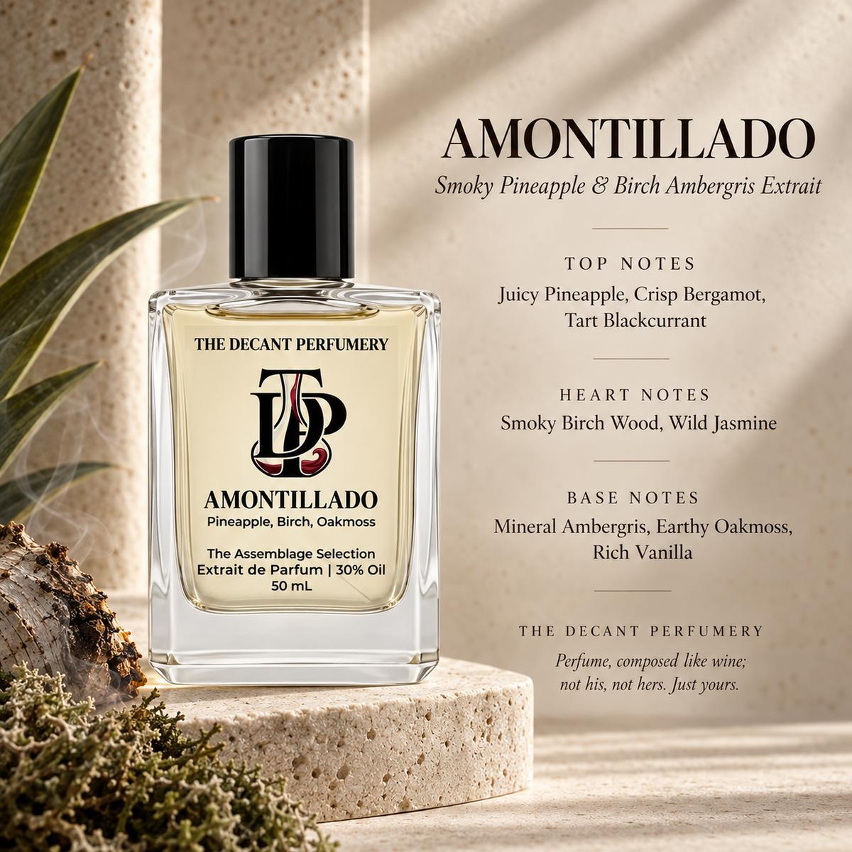 Amontillado Extrait de Parfum bottle with top, heart and base notes