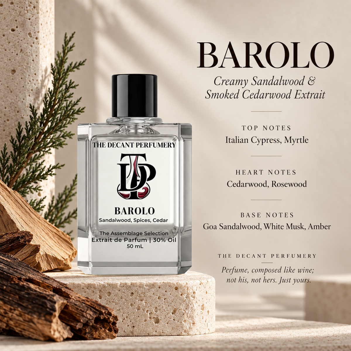 Barolo Extrait de Parfum bottle with top, heart and base notes