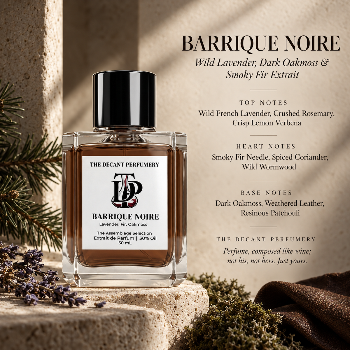 Barrique Noire Extrait de Parfum bottle with top, heart and base notes