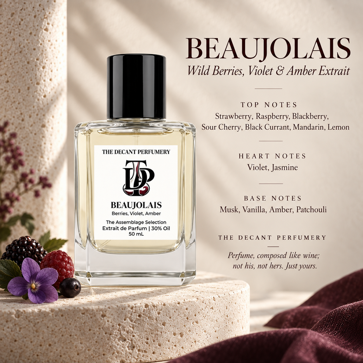 Beaujolais Extrait de Parfum bottle with top, heart and base notes