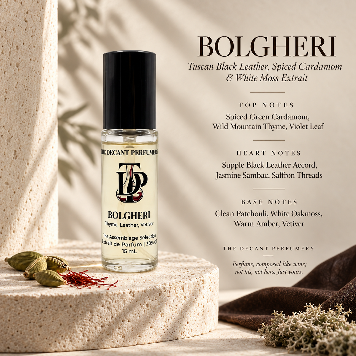 Bolgheri Extrait de Parfum bottle with top, heart and base notes