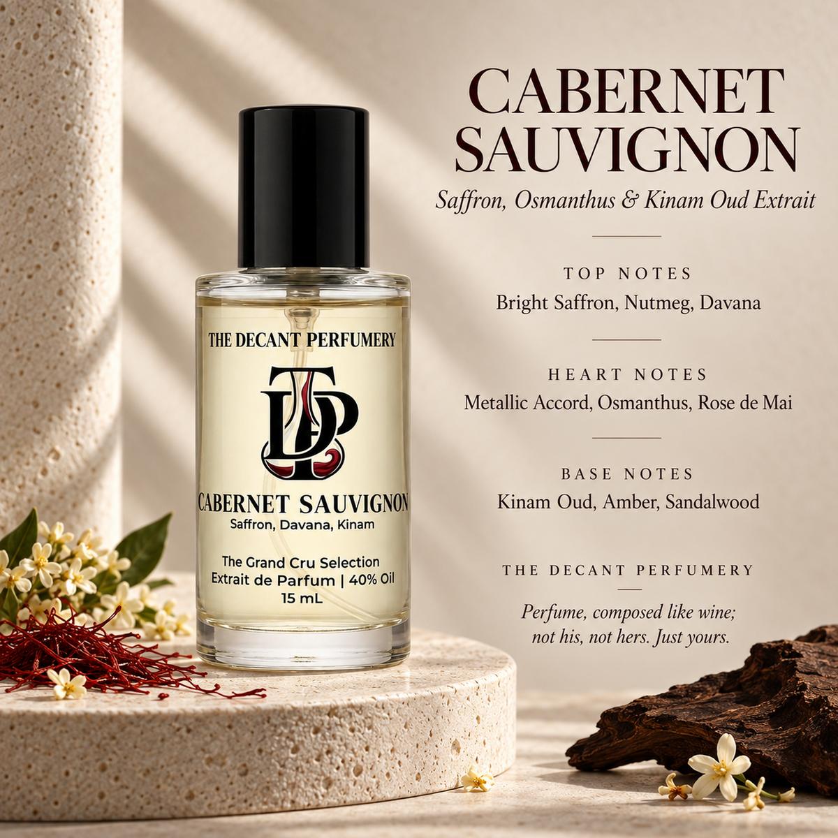 Cabernet Sauvignon Extrait de Parfum bottle with top, heart and base notes
