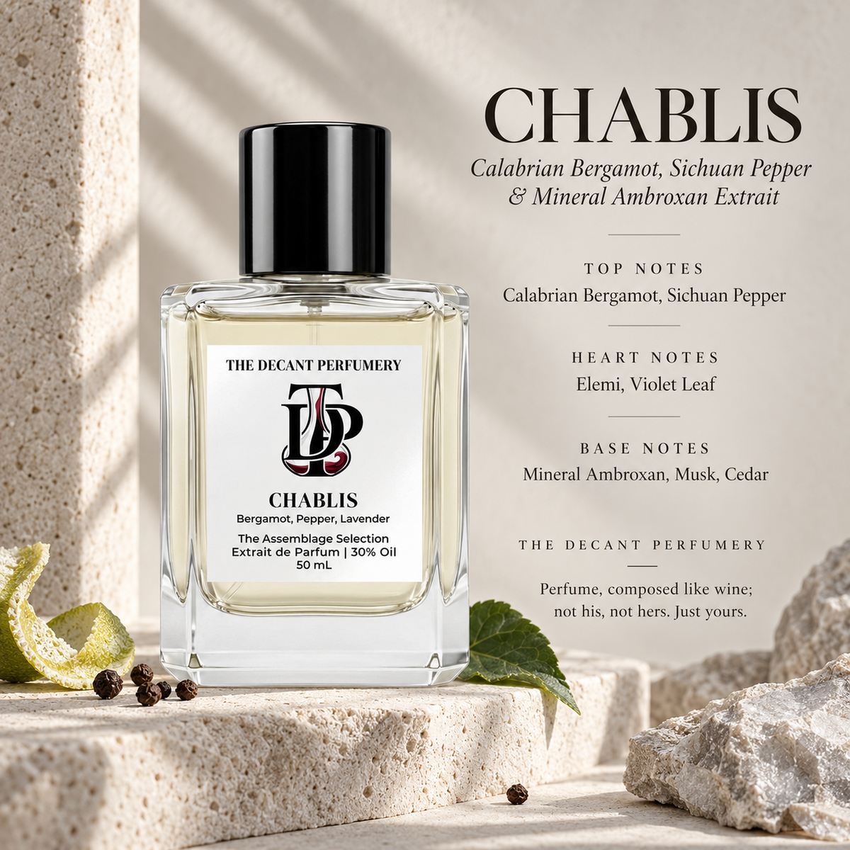 Chablis Extrait de Parfum bottle with top, heart and base notes