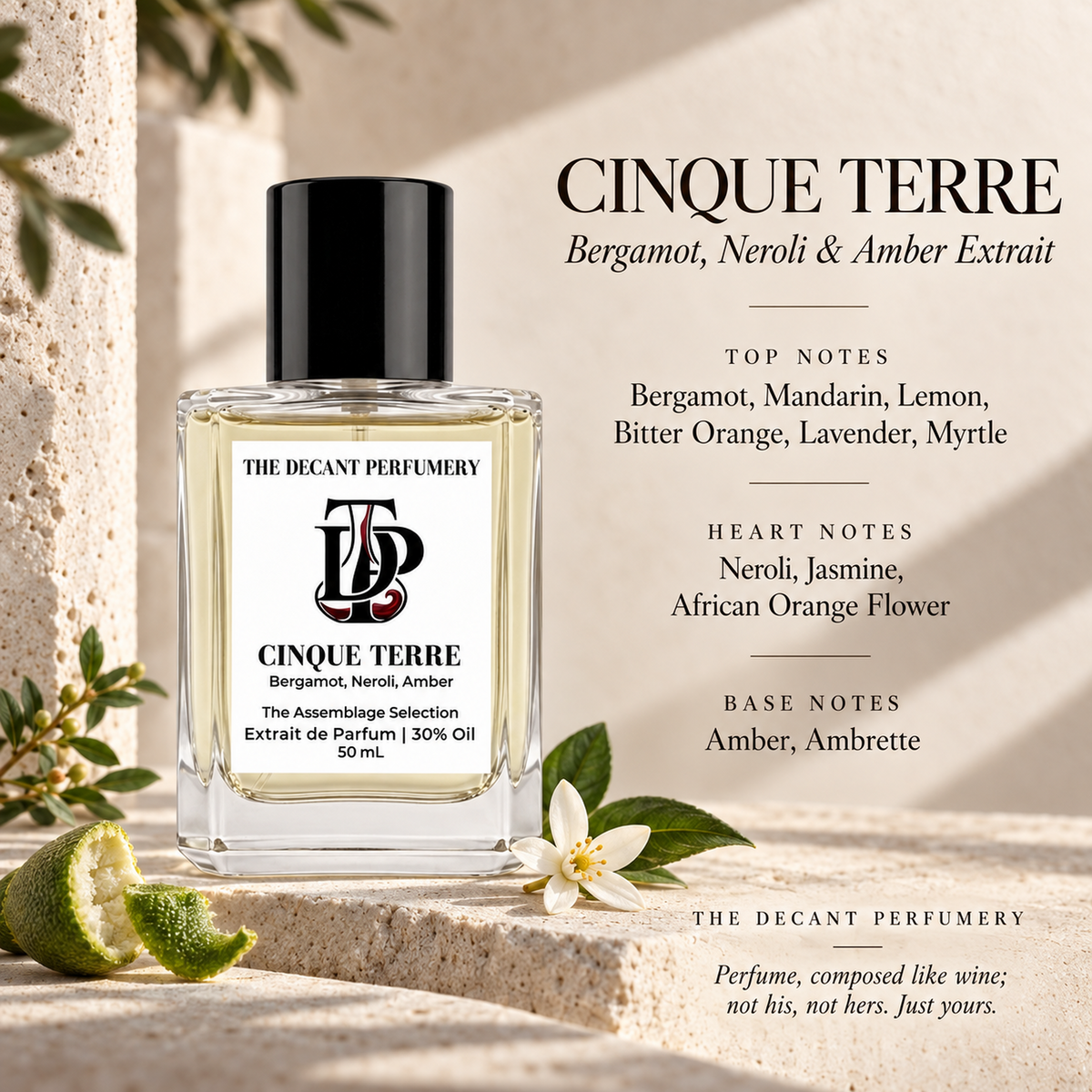 Cinque Terre perfume bottle with top, heart and base notes
