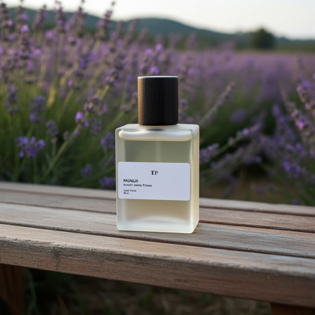 Perfume bottle on a wooden surface with lavender field in the background