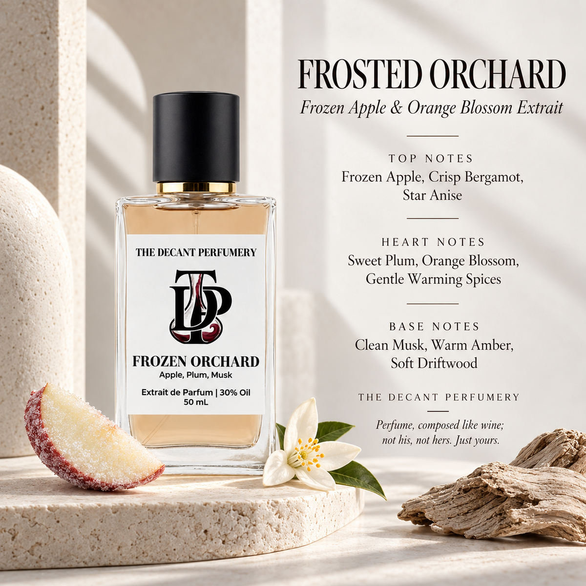 Frosted Orchard perfume bottle with top, heart and base notes