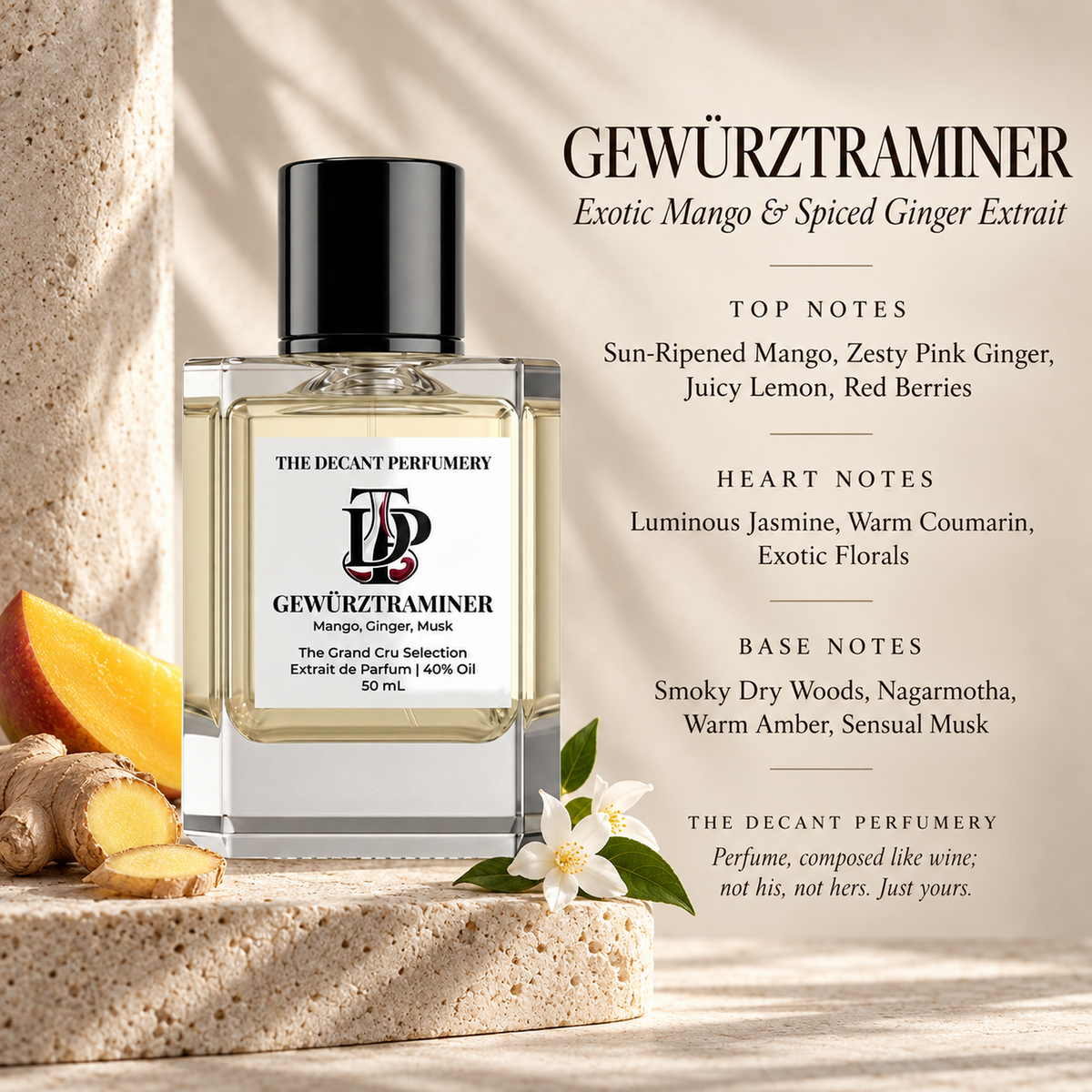 Gewürztraminer perfume bottle with top, heart and base notes