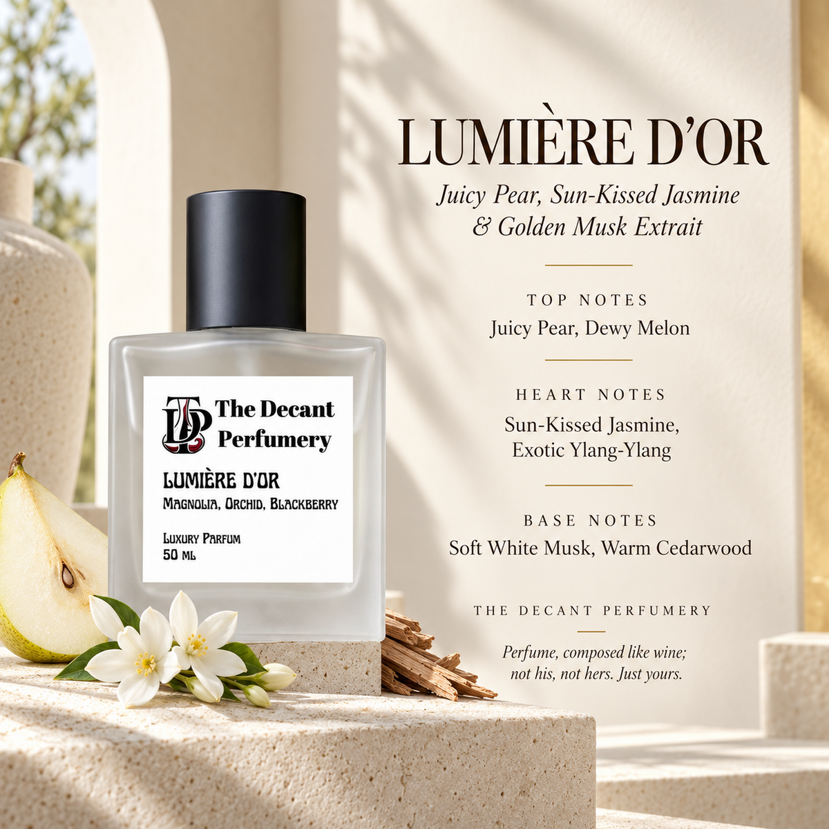 Lumière d’Or perfume bottle with top, heart and base notes